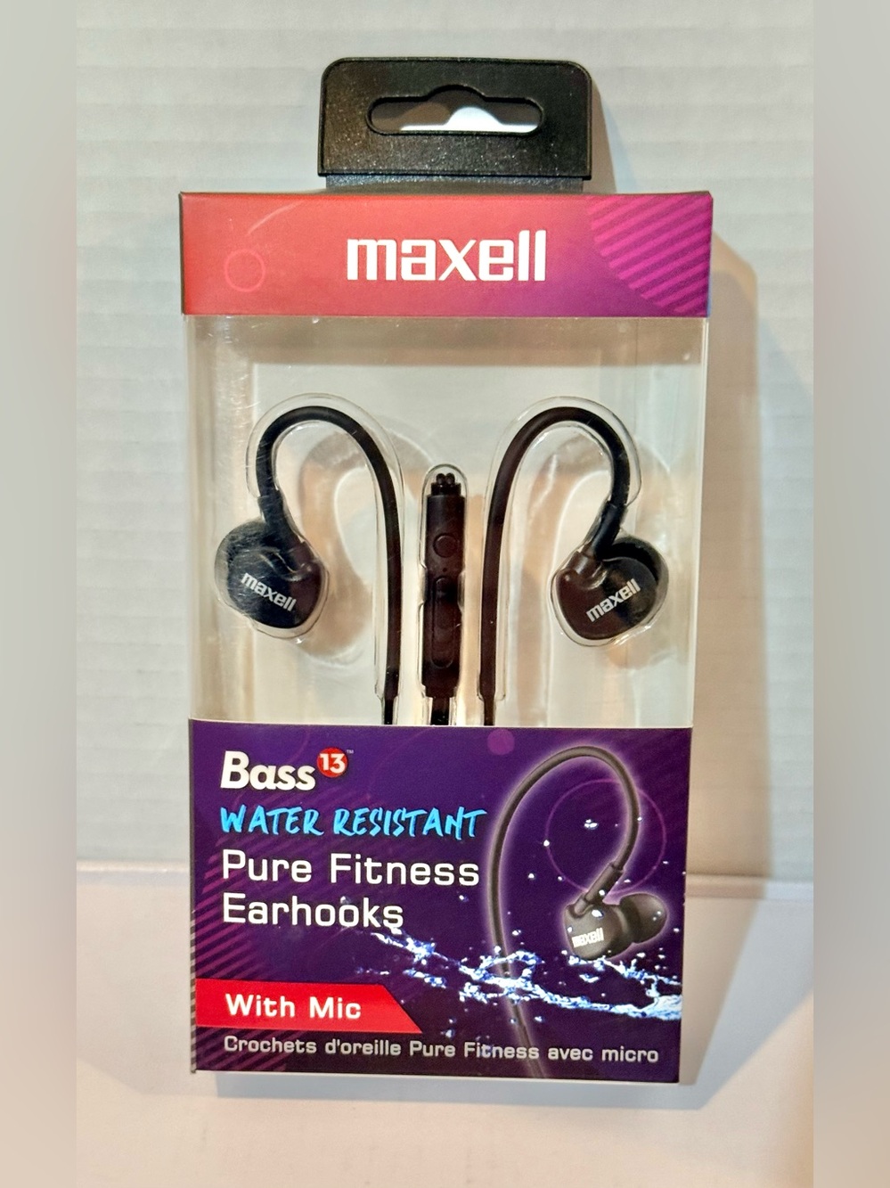 Maxell Earbuds Bass 13 Pure Fitness Ear Hooks w/Built in Microphone BRAND NEW